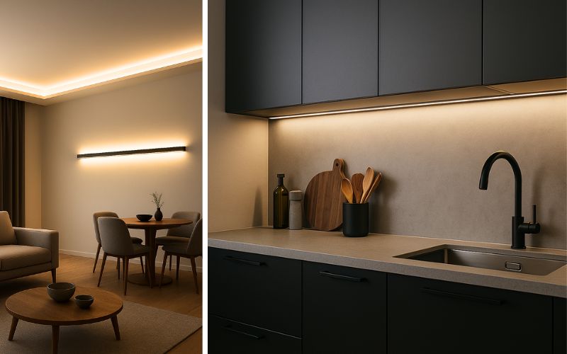  LED-Aluminium-Profile für moderne Lichtlösungen: links stilvoll beleuchtetes Wohnzimmer mit indirekter LED-Deckenbeleuchtung und Wandprofil, rechts elegante Küche mit integrierten LED-Profilen unter den Hängeschränken für funktionales Arbeitslicht