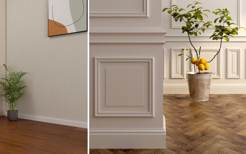 Fertigparkett für stilvolle Räume: links moderner Wohnraum mit glattem Fertigparkett in warmem Holzton, rechts elegantes Interieur mit klassischem Wandstuck und Fischgrät-Fertigparkett 