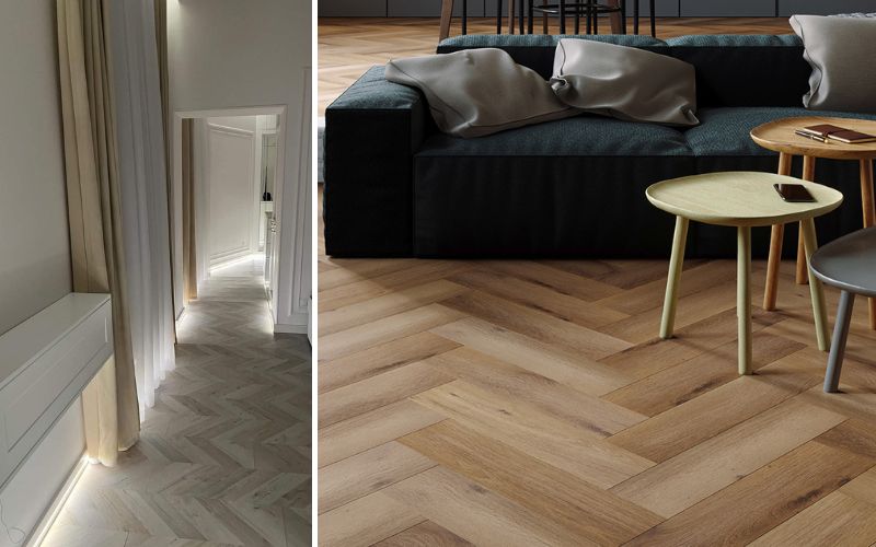 Klickparkett in stilvollen Designs: links heller Parkettboden im Fischgrätmuster mit indirekter Beleuchtung im Flur, rechts Wohnzimmer mit warmem Klickparkett im Fischgrätstil und moderner Couch-Lounge 