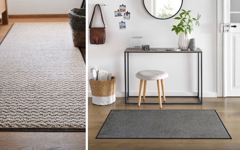 Floornovo Fußmatten für stilvolle Eingangsbereiche: links ein robuster Läufer mit dezentem Muster, der Flure zuverlässig vor Schmutz schützt, rechts eine moderne Fußmatte in Grau, die Eleganz und Funktionalität im Eingangsbereich harmonisch verbindet