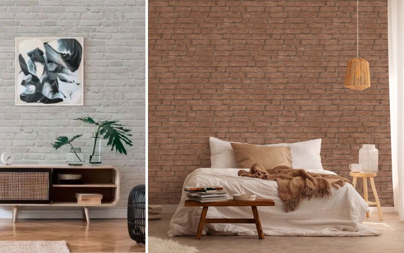 Steintapeten im Wohnstil: links helle Ziegeloptik hinter Lowboard und Wandbild, rechts warme Backstein-Tapete als Akzentwand im Schlafzimmer mit Bett und Rattanlampe
