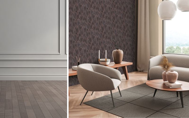 Klebeparkett für vielseitige Raumgestaltung: links klassischer Boden in grauer Holzoptik mit schlichten Zierleisten, rechts modernes Wohnzimmer mit Klebeparkett in warmen Tönen und eleganter Mustertapete 