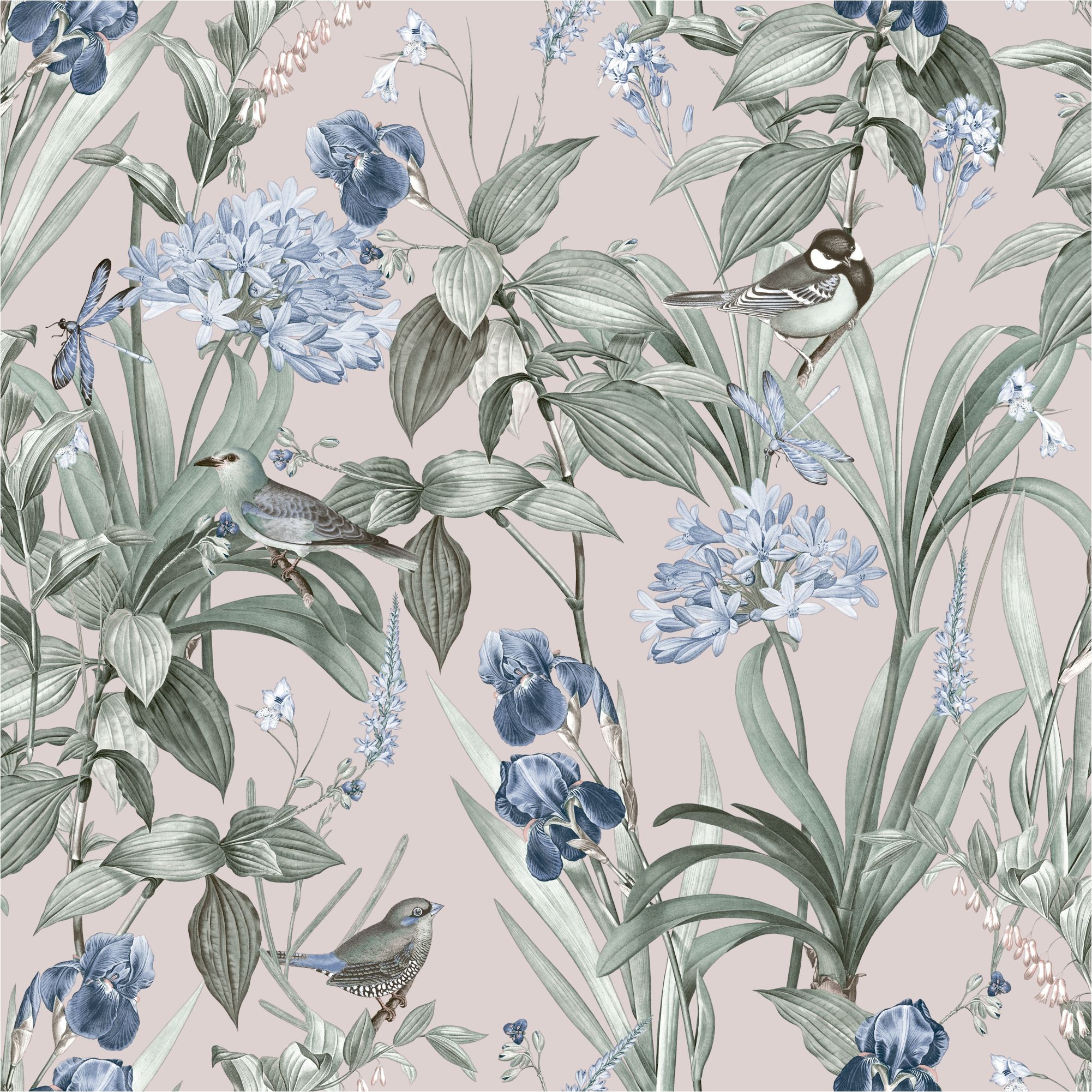 Carta da parati non tessuta M64703 Botanique Pink Flowers Birds Tessuto non tessuto 0,53 x 10,05 m Ugépa