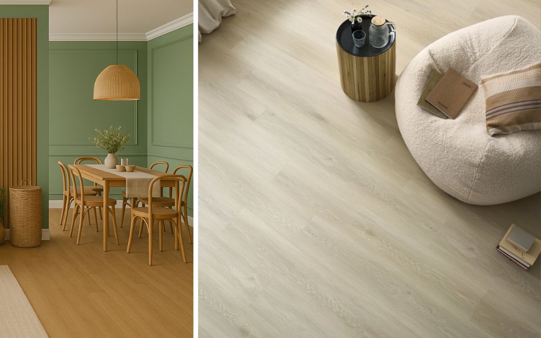 Designboden: Links ein moderner Essbereich mit grün gestrichenen Wänden und hellem Holz-Designboden, rechts eine Nahaufnahme des Bodens in heller Eichenoptik, kombiniert mit gemütlicher Sitzecke – stilvoll, pflegeleicht und vielseitig einsetzbar 