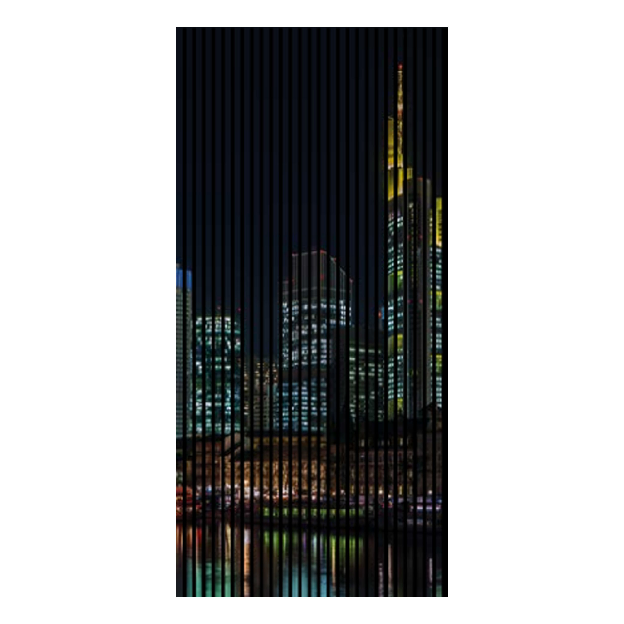 Pannelli acustici con stampa digitale dello skyline di Francoforte di notte, pannelli murali neri di varie dimensioni.