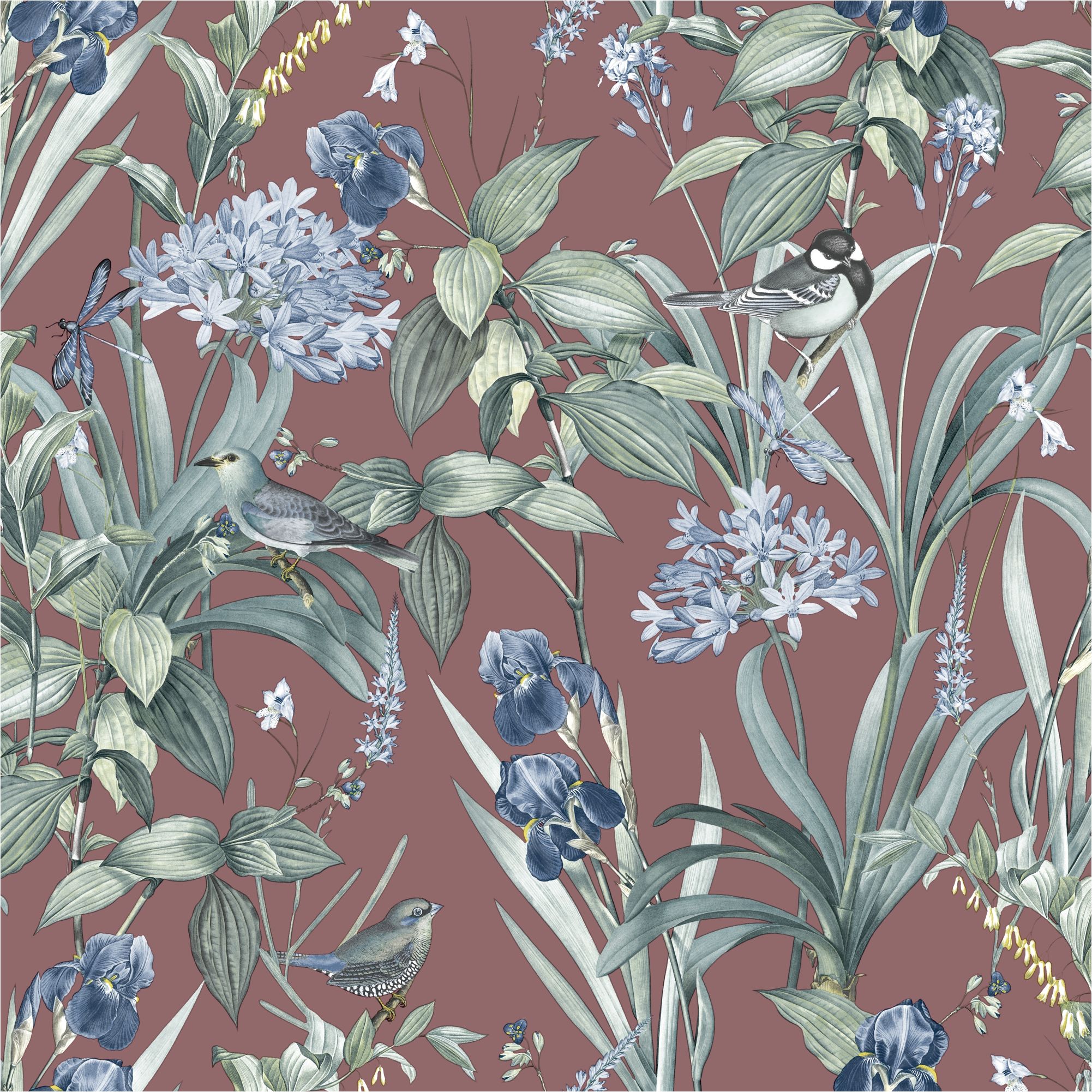Carta da parati non tessuta M64710 Botanique Fiori Rossi Uccelli Tessuto non tessuto 0,53 x 10,05 m Ugépa