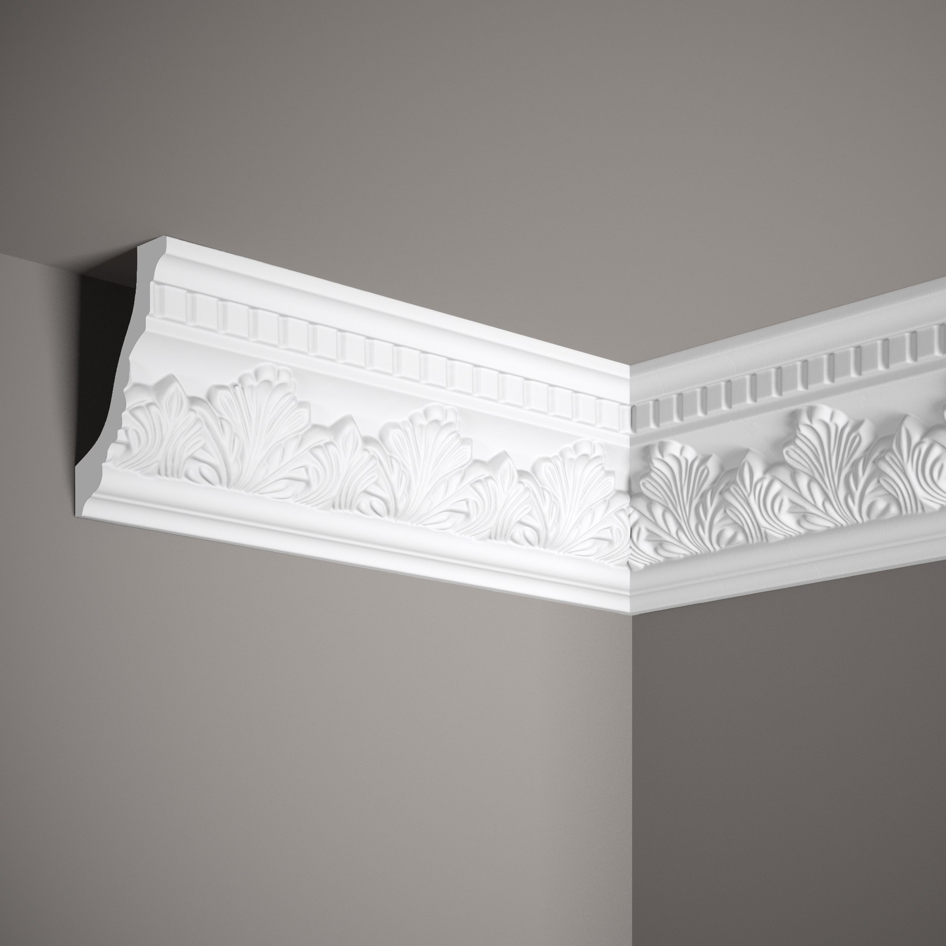 Modanatura per soffitto Mardom MDA098 Profoam 74 x 116 x 2000 mm Cornice bianca con design a foglia