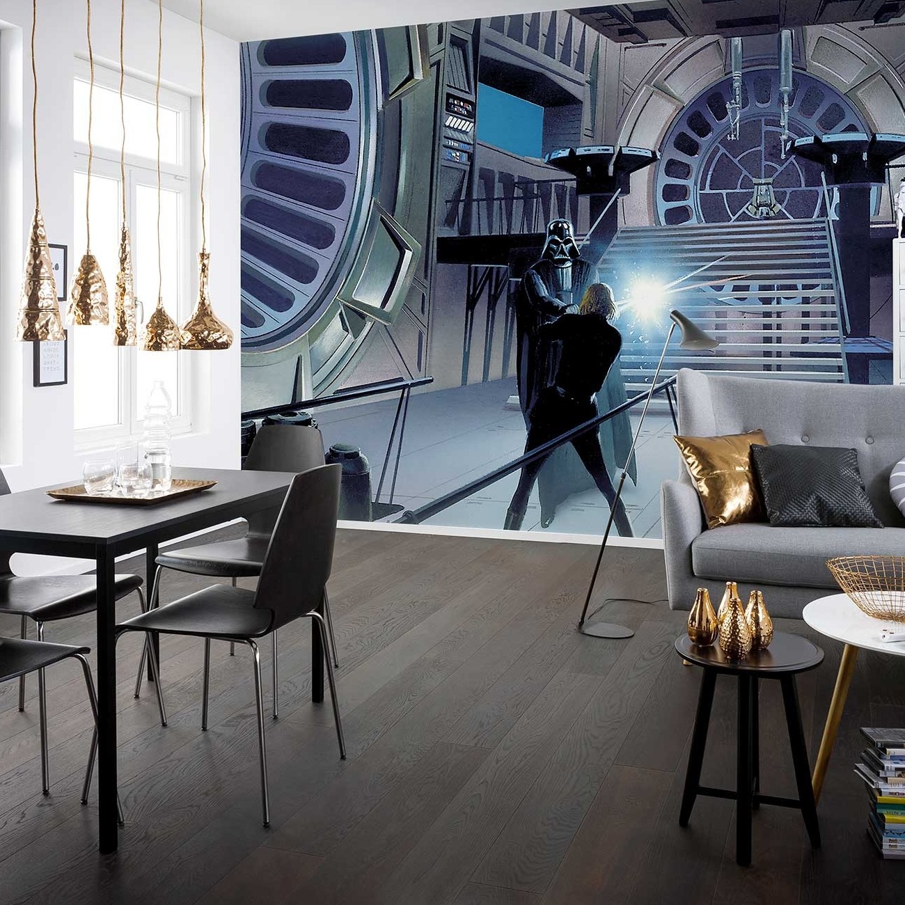 Carta da parati fotografica Komar Star Wars Duel Throne Room 250 x 500 cm Tessuto non tessuto Duel Jedi Luke Skywalker Darth Vader