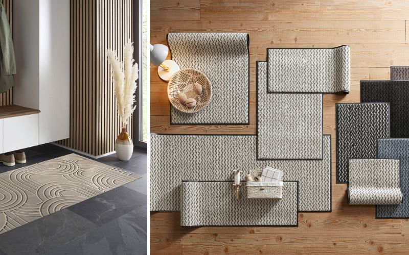 Fußmatten für Eingangsbereich und Wohnräume: links stilvolle Matte mit modernem Muster im Flur auf dunklem Boden, rechts verschiedene Läufer und Fußmatten in Beige- und Grautönen auf Holzfußboden dekorativ arrangiert