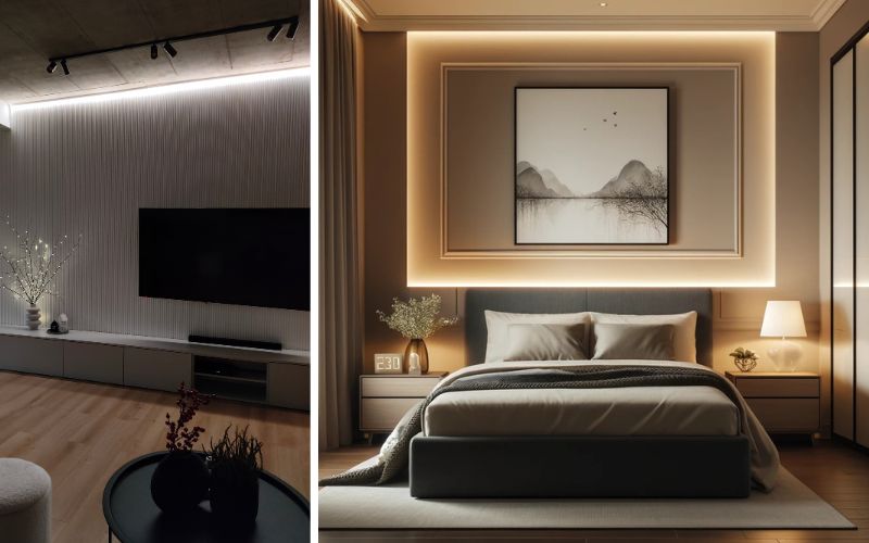 LED-Streifen für modernes Lichtdesign: links dezente Wand- und Deckenbeleuchtung im Wohnzimmer mit LED-Streifen, rechts elegantes Schlafzimmer mit rahmender LED-Beleuchtung um Wandbild und Bett. 