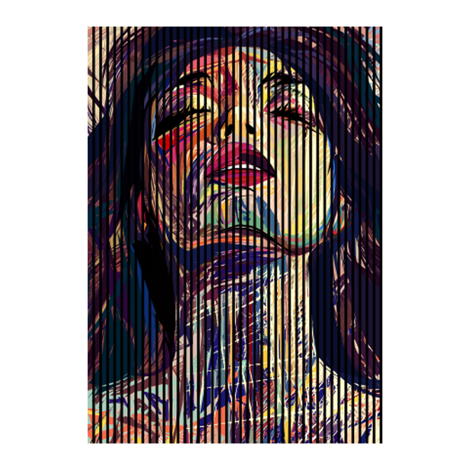 Pannelli acustici con stampa digitale di un volto di donna, pannelli da parete in nero e giallo, disponibili in varie dimensioni.