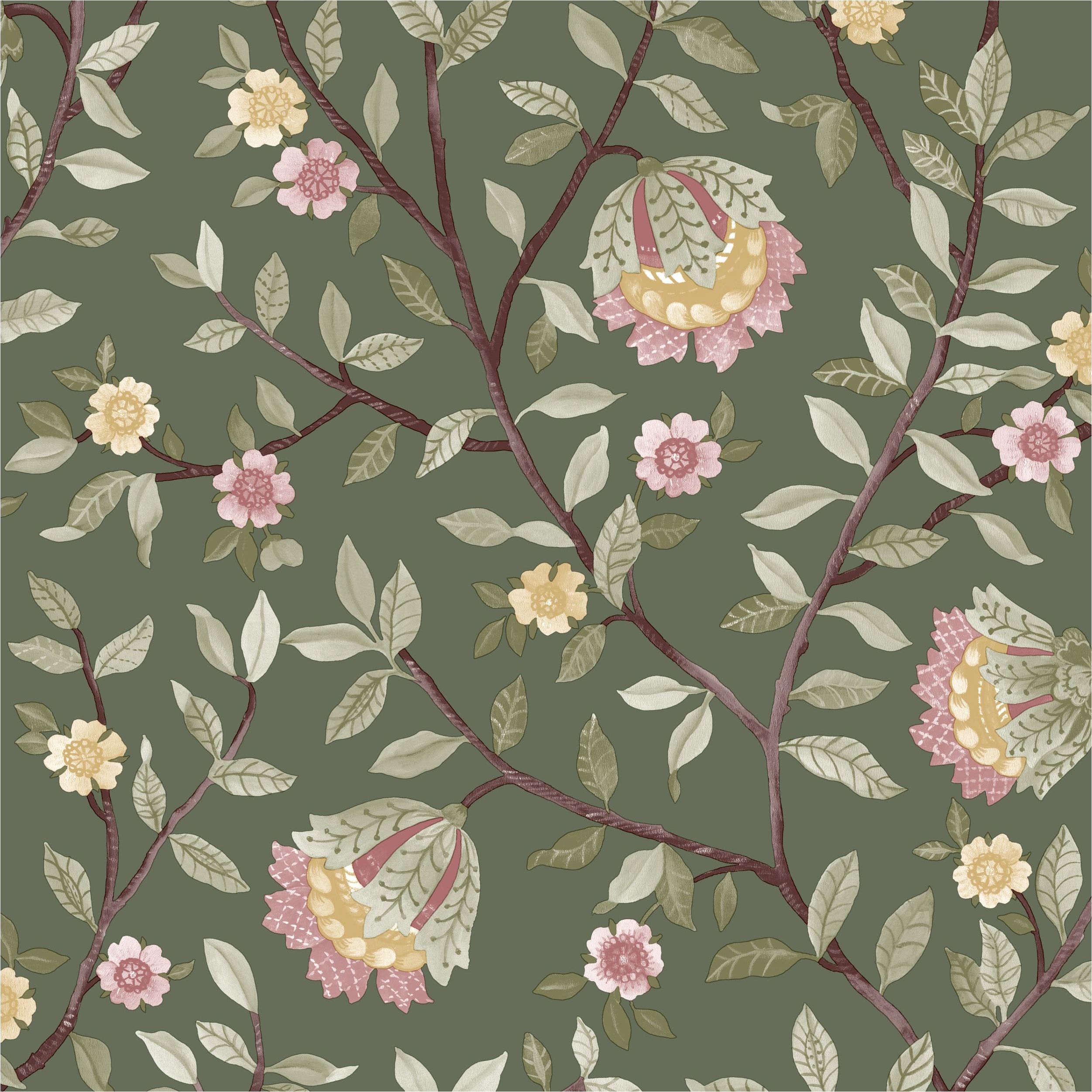 Carta da parati non tessuta B19914 Botanique Green Flowers Non tessuta 0,53 x 10,05 m Ugépa