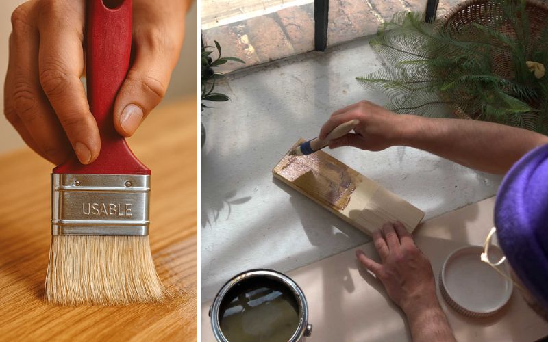 Lacke für Holzoberflächen: links das Auftragen von Klarlack mit einem Pinsel auf Holz, rechts ein Handwerker beim Lackieren eines Holzstücks mit glänzendem Schutzlack