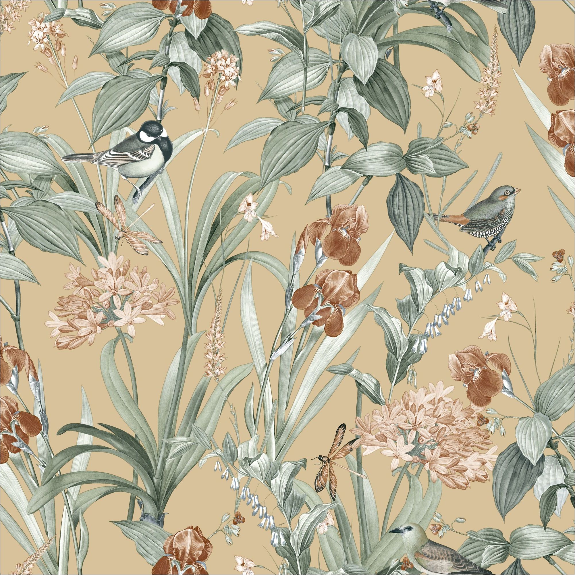 Carta da parati non tessuta M64792D Botanique Fiori gialli Uccelli Tessuto non tessuto 1,06 x 10,05 m Ugépa