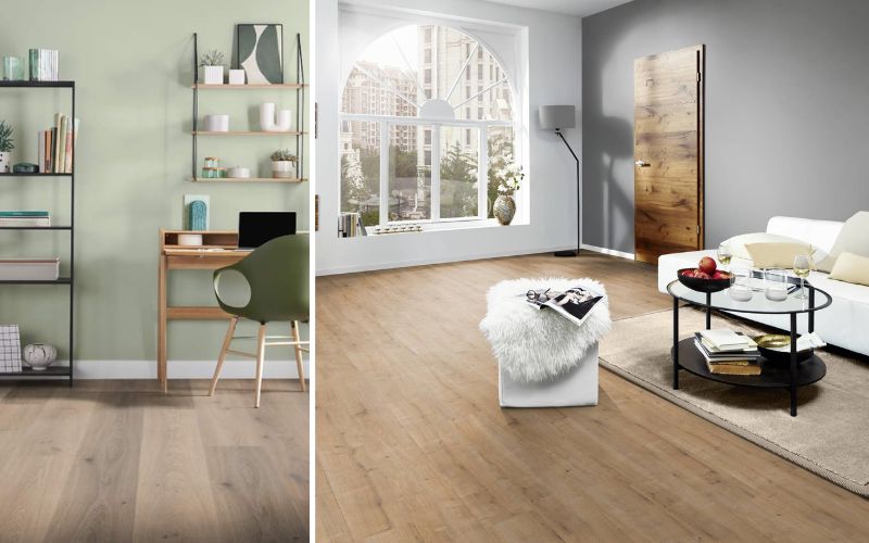 Laminat mit Trittschalldämmung für angenehmes Wohnen: links Arbeitszimmer mit hellem Holzlaminat, grün gestrichener Wand und Schreibtisch, rechts modernes Wohnzimmer mit braunem Laminatboden, grauer Wand und stilvoller Sitzecke 