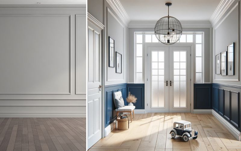 Parkett braun für zeitlose Eleganz: links dezentes Wohnzimmer mit klassischem braunem Parkettboden, rechts stilvoller Eingangsbereich mit braunem Parkett und weiß-blauen Wandpaneelen für ein modernes Ambiente