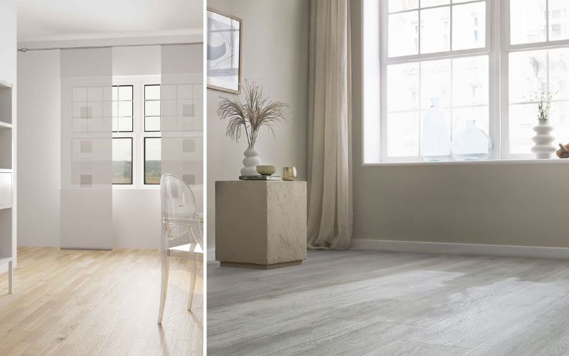 Vinylboden in Dielenoptik für natürliche Raumwirkung: links in heller Holzoptik kombiniert mit transparenten Schiebegardinen und modernen Möbeln, rechts in grauer Dielenoptik als stilvolle Basis für ein elegantes Wohnambiente mit dezenten Dekoelementen