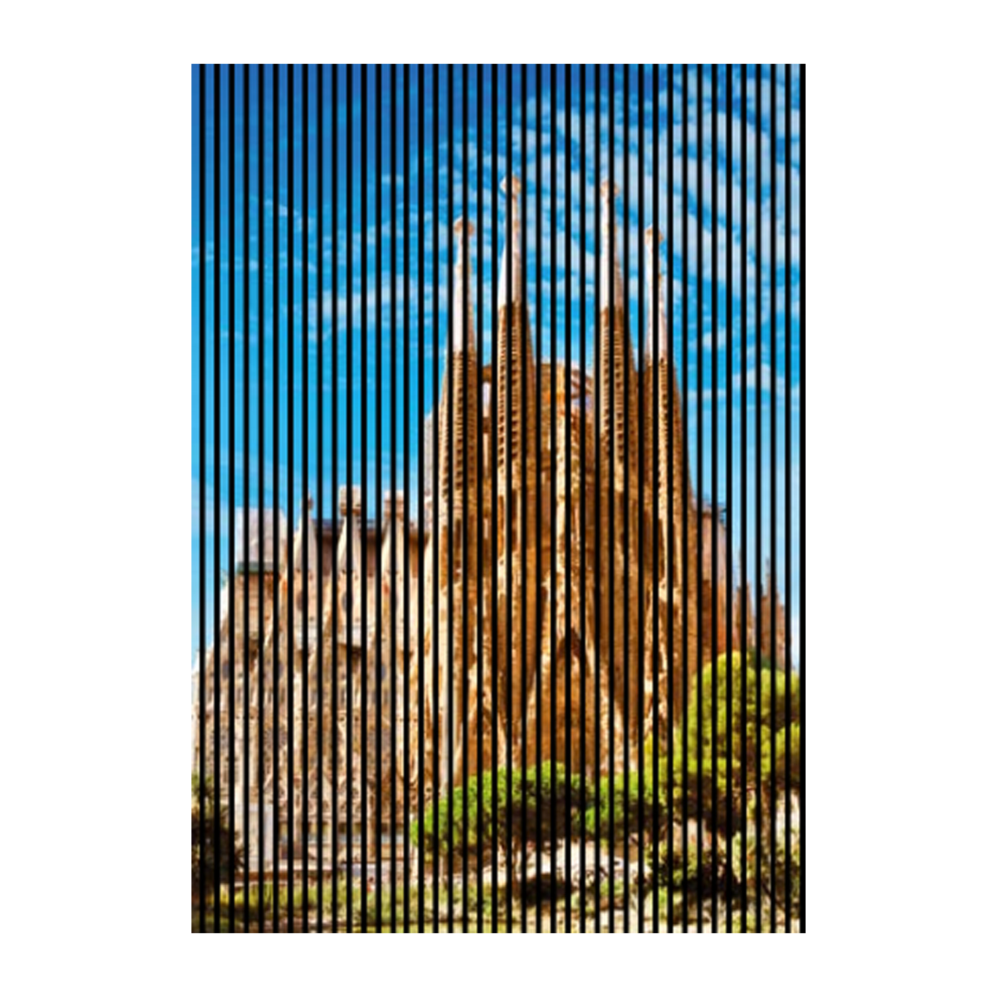 Pannelli acustici con stampa digitale della Chiesa di Barcellona, ??pannelli murali in blu e marrone, disponibili in varie dimensioni.