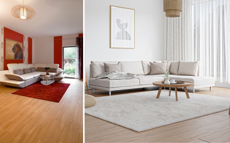Loose Lay Vinyl für flexibles Wohnen: links Wohnzimmer mit rötlichem Akzentteppich auf hellem Vinylboden, rechts modernes Wohnambiente mit hellem Loose Lay Vinyl und großem, weichem Teppich. 