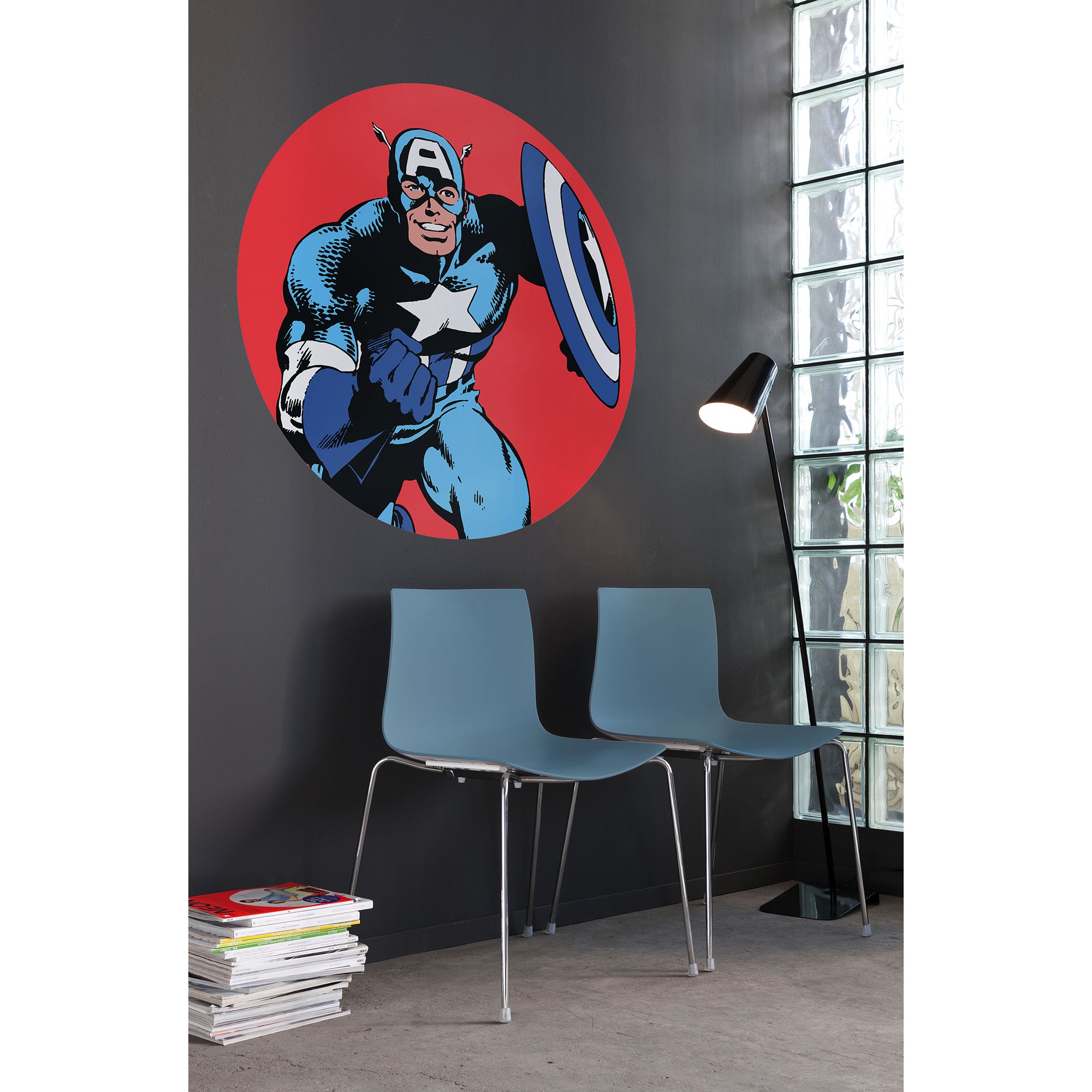 Carta da parati fotografica Komar Marvel PowerUp Captain America 125 x 125 cm Adesivo da parete in tessuto non tessuto autoadesivo Avengers
