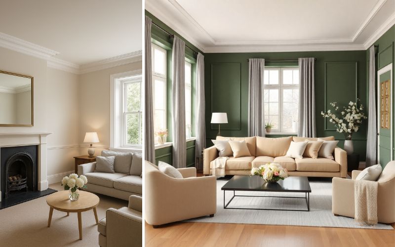 Stuckleisten in klassischen Wohnräumen: links Wohnzimmer mit weißem Decken- und Wandstuck (Gesims, Rahmenleiste) über Kamin, rechts eleganter Salon mit grünen Wandpaneelen, weißen Stuckleisten an Decke und Fenstern