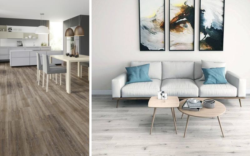 Floornovo Vinylboden für vielseitige Wohnstile: links eine moderne Küche mit Essbereich, in der der dunkel gehaltene Vinylboden in Holzoptik Wärme und Eleganz schafft, rechts ein helles Wohnzimmer mit grauem Floornovo Vinylboden, der Leichtigkeit und zeitlose Modernität in den Raum bringt.