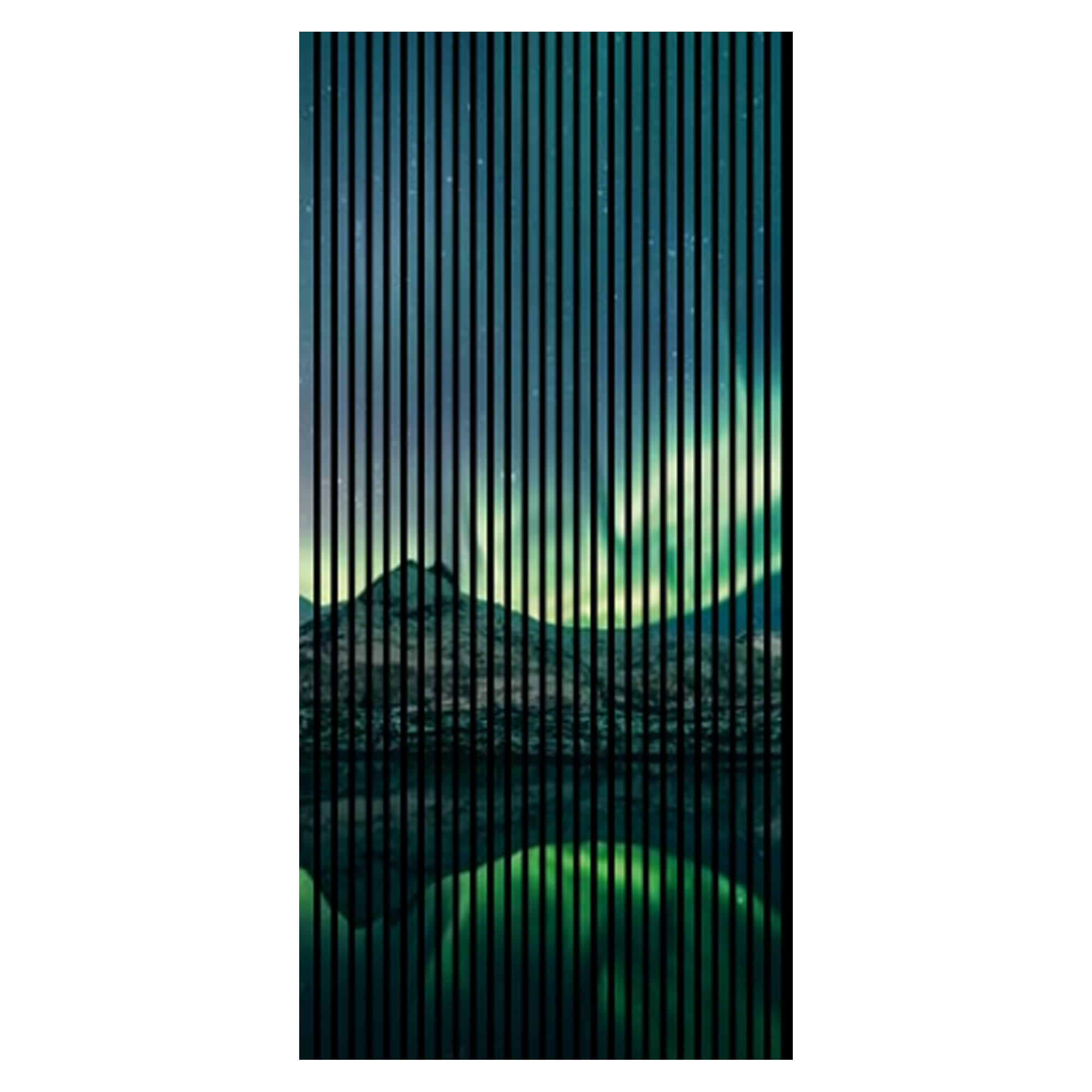 Pannelli acustici con stampa digitale di aurore boreali, acqua, montagne, pannelli murali verdi e blu in varie dimensioni.