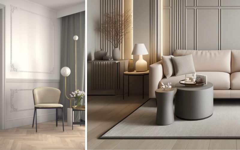 Schiffsboden Parkett für stilvolle Räume: links elegantes Interieur mit hellen Wänden und klassischem Schiffsboden Parkett in natürlicher Holzoptik, rechts modernes Wohnzimmer mit beigefarbenem Sofa, abgestimmten Beistelltischen und Schiffsboden Parkett, das Wärme und Struktur verleiht 