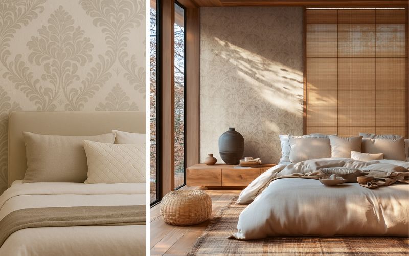Tapeten fürs Schlafzimmer: links eine elegante Ornamenttapete in Beige für ein ruhiges, klassisches Ambiente, rechts eine dezente Naturtapete in warmen Tönen, die eine entspannte und behagliche Wohlfühlatmosphäre schafft 