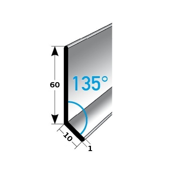 Fußleiste / Sockelleiste (TYP 6) aus Edelstahl, Höhe: 6 mm, mit verschiedenen Breiten, Materialstärken und Befestigungsarten, Winkel: 135°-gebohrt-1 mm-1 mm (Default)