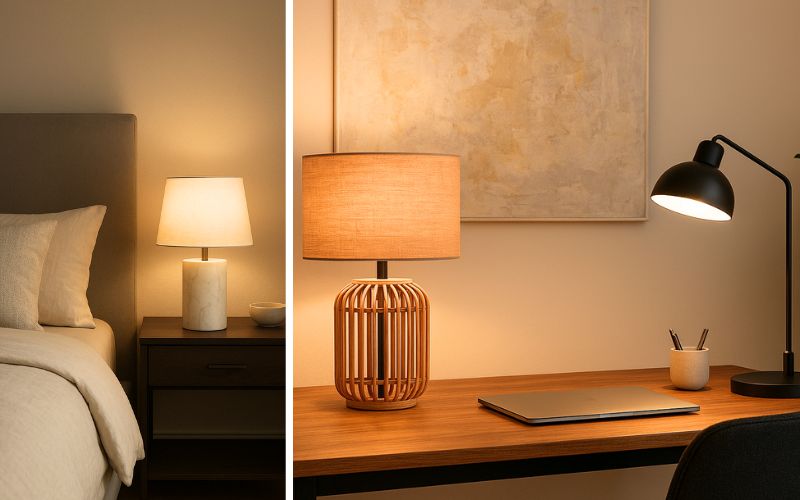 Tischlampen für stimmungsvolles Licht: links Nachttischlampe mit hellem Schirm im Schlafzimmer neben dem Bett, rechts moderne Tischleuchten auf einem Schreibtisch – eine mit warmem Stoffschirm, die andere als schwarze Arbeitslampe für fokussiertes Licht 