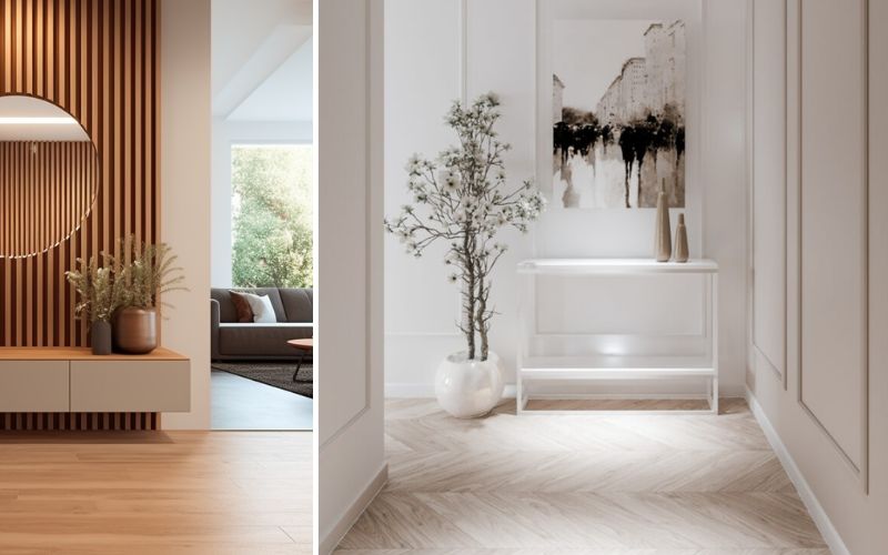 Parkett weiß für moderne Wohnräume: links heller Holzboden kombiniert mit stilvoller Holzvertäfelung und Spiegel, rechts eleganter Flur mit weißem Parkett in Fischgrätoptik und minimalistischer Dekoration 