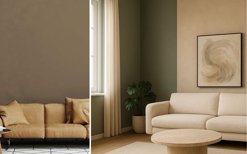 Moderne Wandfarben für stilvolle Räume: links warme Brauntöne kombiniert mit cognacfarbenem Ledersofa, rechts sanfte Beige- und Grüntöne mit heller Wohnlandschaft und abstraktem Wandbild 
