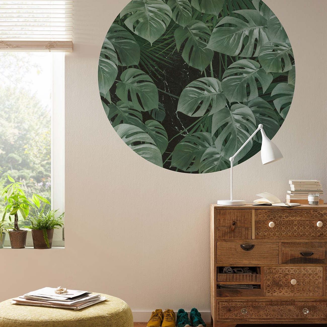 Carta da parati fotografica Komar Disney Dot Novel Monstera 125 x 125 cm Tessuto non tessuto autoadesivo Fiori Foglie Floreale